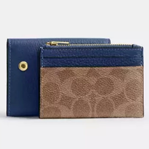New Coach Detachable Card Case Wallet Tan Signature Canvas Blue Pebbled Leather - Picture 1 of 8